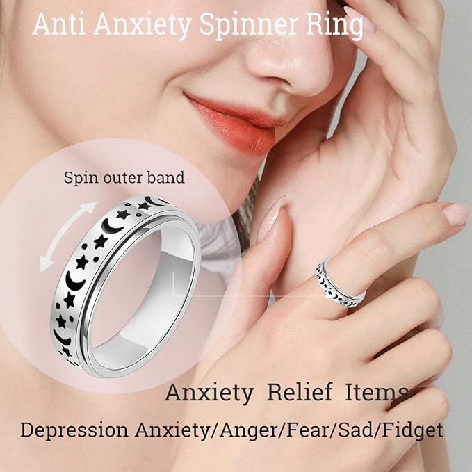 OreilleStar Anxiety Ring for Women Fidget Ring Stainless Steel Fidget Toys Adults Spinner Rings Gold Silver Moon Star Fidget Rings