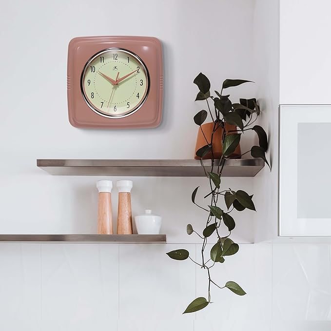 Infinity Instruments Square Retro Wall Clock, Terracotta, 9.25"