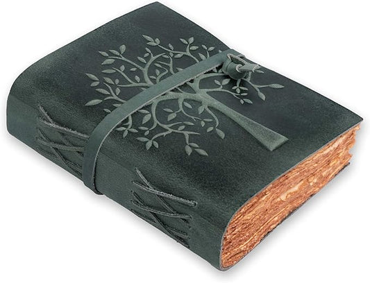 LEATHER VILLAGE Tree of Life Journal - 8"X6" (A5) inches - Auq - 200 Antique Deckle Edge Handmade Paper – Book of Shadows - Vintage Leather Bound Journal for Women & Men