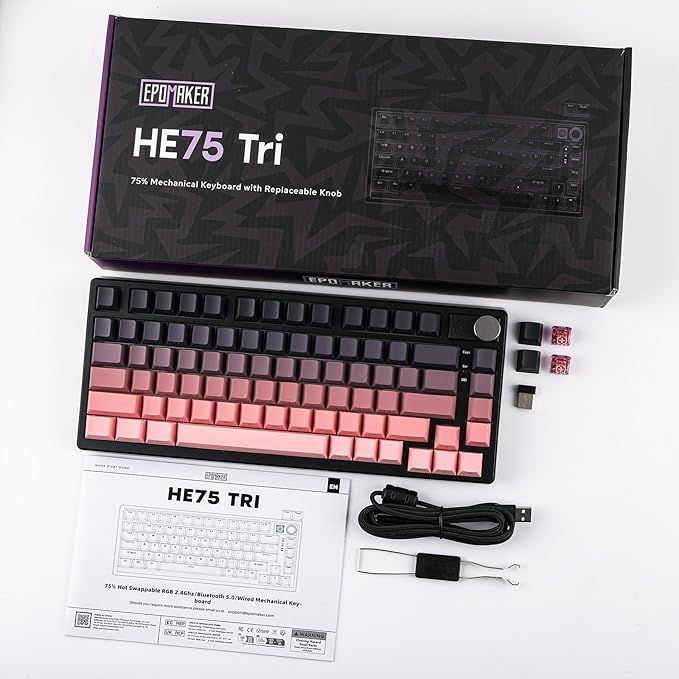 EPOMAKER HE75 Wireless Mechanical Keyboard with Metal Knob, 4000mAh Battery, Hot-Swappable Gasket Gaming Keyboard with RGB Backlight for Mac/Win (Black Pink)