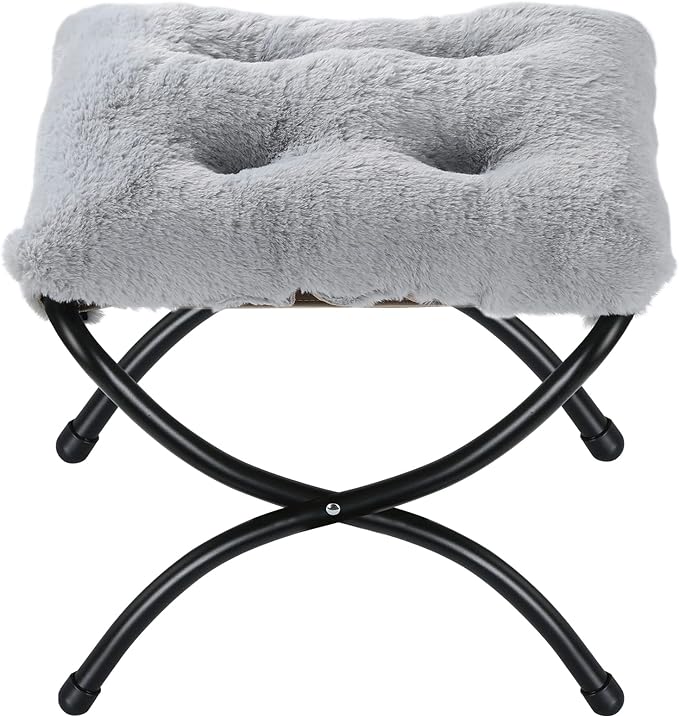 15" Foldable Foot Stool Ottoman with Metal Frame - Washable Faux Fur Grey Upholstered Indoor/Outdoor Footrest for Living Room, Bedroom, Patio - Space-Saving Compact Design