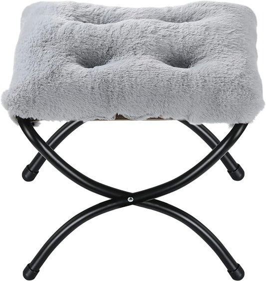 15" Foldable Foot Stool Ottoman with Metal Frame - Washable Faux Fur Grey Upholstered Indoor/Outdoor Footrest for Living Room, Bedroom, Patio - Space-Saving Compact Design