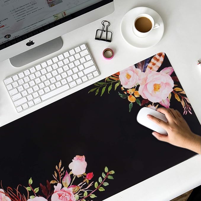 iCasso Extended Gaming Mouse Pad (35.4x15.7 in), Large Non-Slip Rubber Base Mousepad with Stitched Edges, Waterproof Keyboard Mouse Mat Desk Pad for Work, Game, Office, Home -Flower