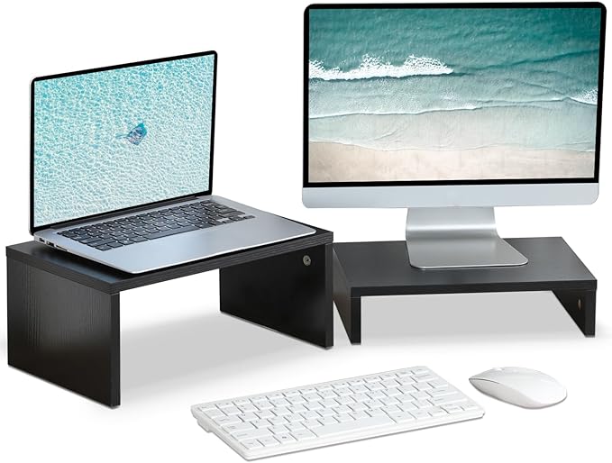 TEAMIX 2 Pack Black Monitor Stand Riser, Wood 2 Tier Adjustable Stand for 2 Monitors/Laptop/PC