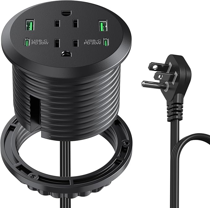 3 inch Desktop Power Grommet with PD 20W USB C,Furniture Recessed Power Strip,2 Outlets,4 USB Ports,40W Total,Flush-Mount for Desktop, Workspace Essential Desk Outlet (Black, 6 FT Cable)