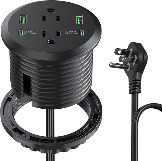 3 inch Desktop Power Grommet with PD 20W USB C,Furniture Recessed Power Strip,2 Outlets,4 USB Ports,40W Total,Flush-Mount for Desktop, Workspace Essential Desk Outlet (Black, 6 FT Cable)