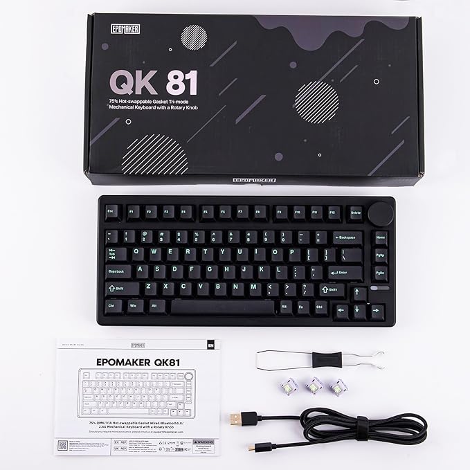 EPOMAKER QK81 75% Wireless Mechanical Gaming Keyboard, QMK/VIA Programmable and Hot-Swappable, 81 Keys with Metal Knob, 2.4Ghz/BT/USB, Creamy Gasket-Mount, RGB Backlight (Black, Flamingo Switch)