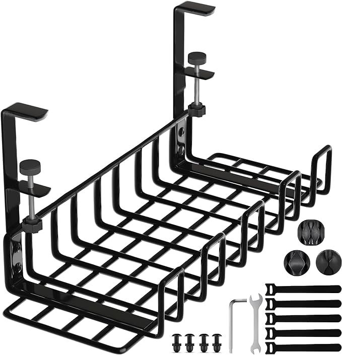 Under Desk Cable Management Tray, 16” No Drill Cord Organizer with Clamps for Wire Management, 4mm Sturdy Wire Desk Cable Organizer Tray, Cable Management Rack for Office