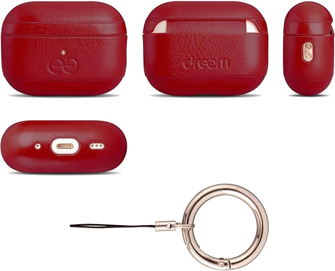 Dreem Om Case Cover with Keychain Clip Compatible with AirPods Pro 2/Pro, Protective One-Piece Hard Shell, Luxury Vegan Leather AirPod Pro Case 2nd/1st Generation with Separate Clip [Red]