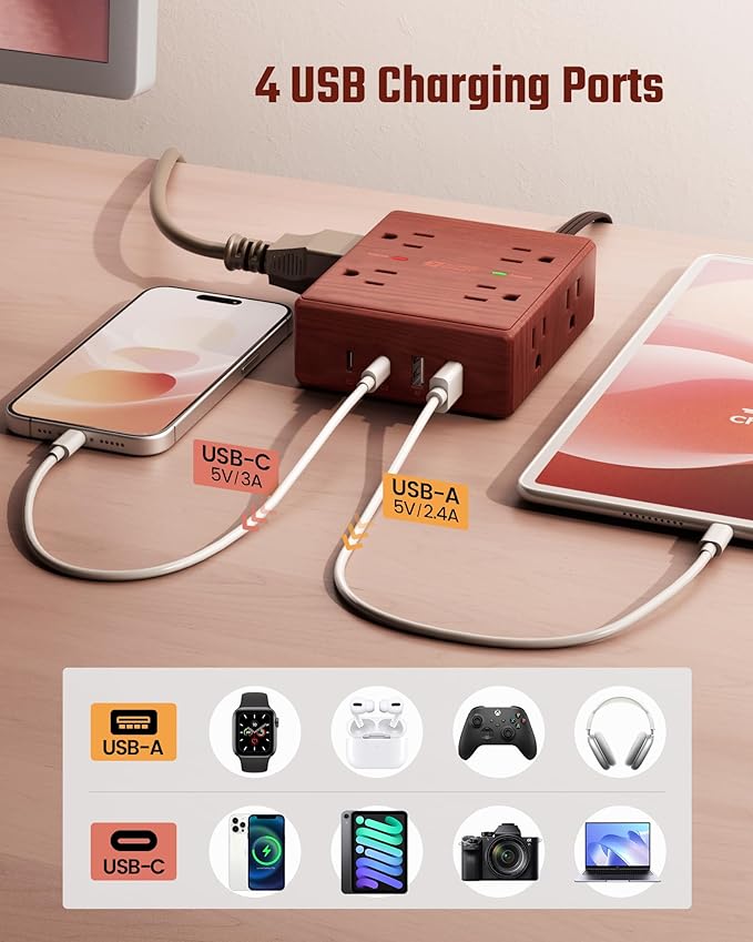 Brown Extension Cord 10Ft, Flat Plug Power Strip Surge Protector, 8 Outlet 4 USB Ports (2 USB C), Wall Mountable, Decorative Wood Charging Station for Home Office Desk Accessories —Walnut Wood