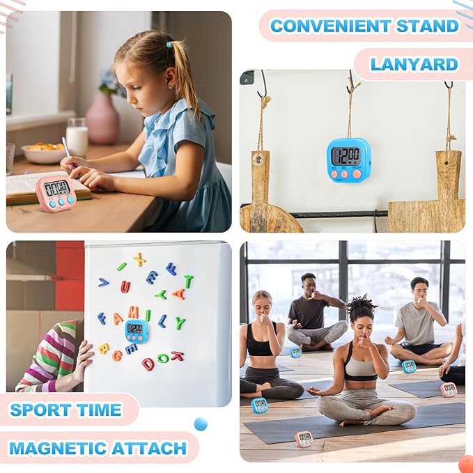 Xuhal 12 Pieces Digital Kitchen Timer Bulk, Small Magnetic Timers for Classroom, Digits Stopwatch Clock Timer for Cooking Baking Sports Games Office, Not Including Battery (Pink,Blue)