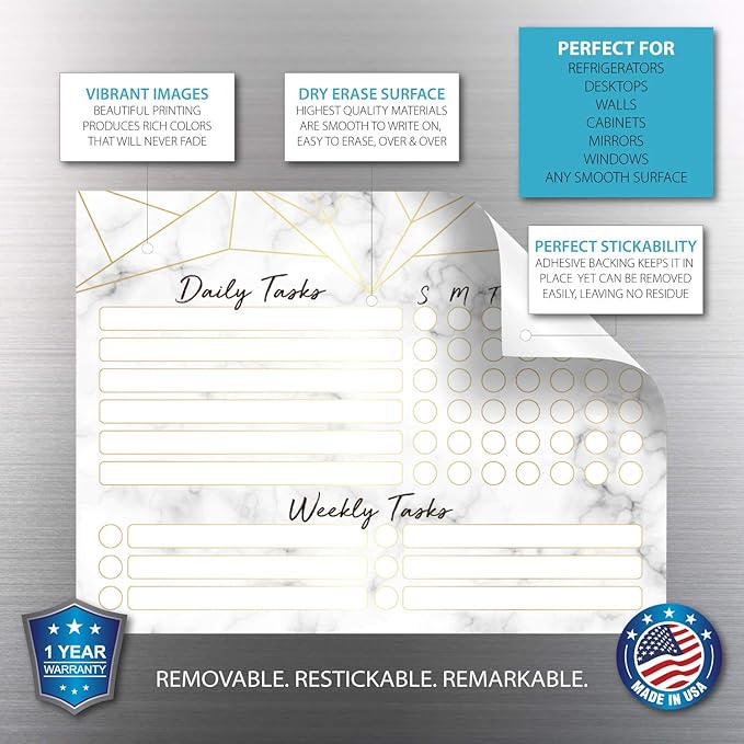 Dry Erase Whiteboard Task Planner | Removable and Restickable Adhesive Decal | Fine-Tip Magnetic Marker Included (9 x 12 inches, Marble)