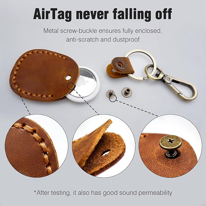 Genuine Leather Airtag Holder, Portable Air Tag Keychain with Key Rings Full Coverage Air Tags Hidden Case Cover Compatible for AirTags White