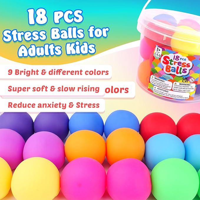 Squishy Stress Balls for Kids Adults: 18 Pack Stretchy Fidget Ball for Anxiety Stress Relief, Hand Therapy Sensory Squishy Ball, Party Favors classroom must haves, Fidgets for Classroom Prize Box Toys