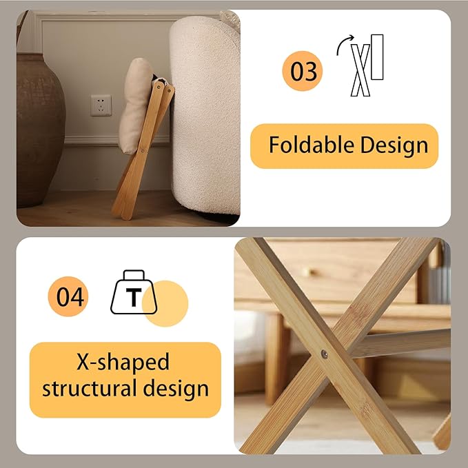 Folding Upholstered Footrest Stool, Small Accent Ottoman with Thick Cotton Cushion & Bamboo X Legs, Modern Padded Sofa Stool for Makeup Bedroom Living Room (Beige)