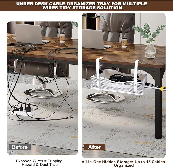 Extra Wide Under Desk Cable Management - No Drill Installation Cable Management Tray, Modern Cord Organizer for Office/Home Desk, Fits Power Strips & Wires