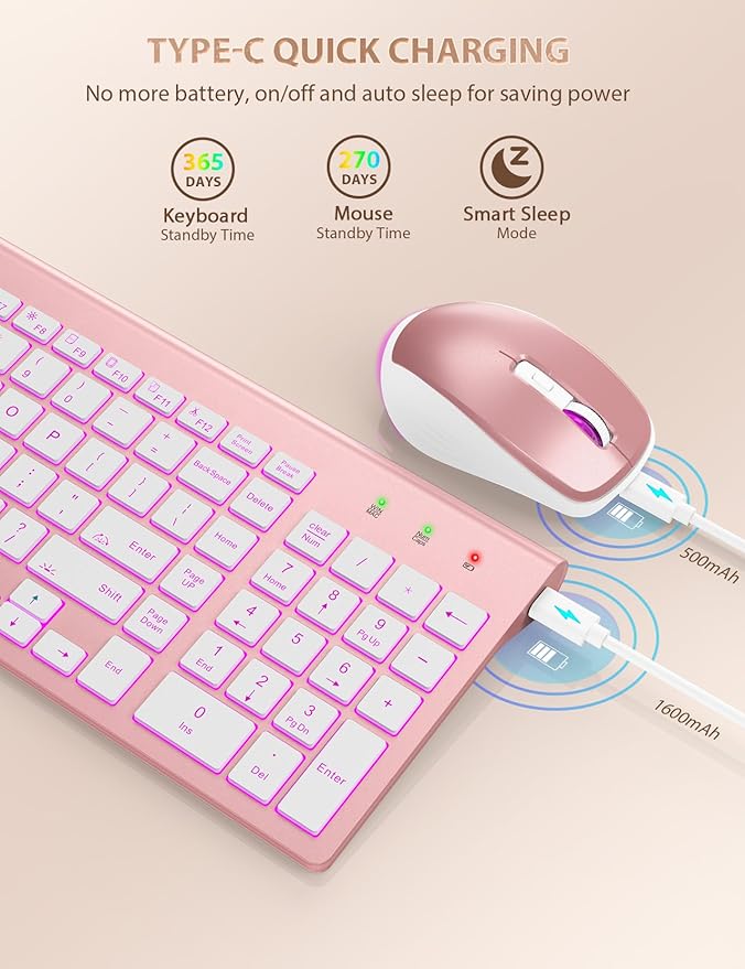 SABLUTE Wireless Keyboard and Mouse Combo Backlit - Compact Quiet Keyboard with RGB Mouse, Rechargeable, Slim, Sleep Mode, Portable Cordless Keyboard Mouse Set for Mac, Windows, Laptop, PC (Rose Gold)