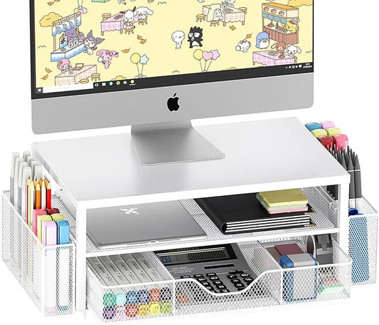 Desk Organizers and Accessories, 2-Tier Computer Monitor Stand Riser with Drawer and 2 Pen Holders, Laptop Stand, Office Desk Accessories for Office Supplies, White