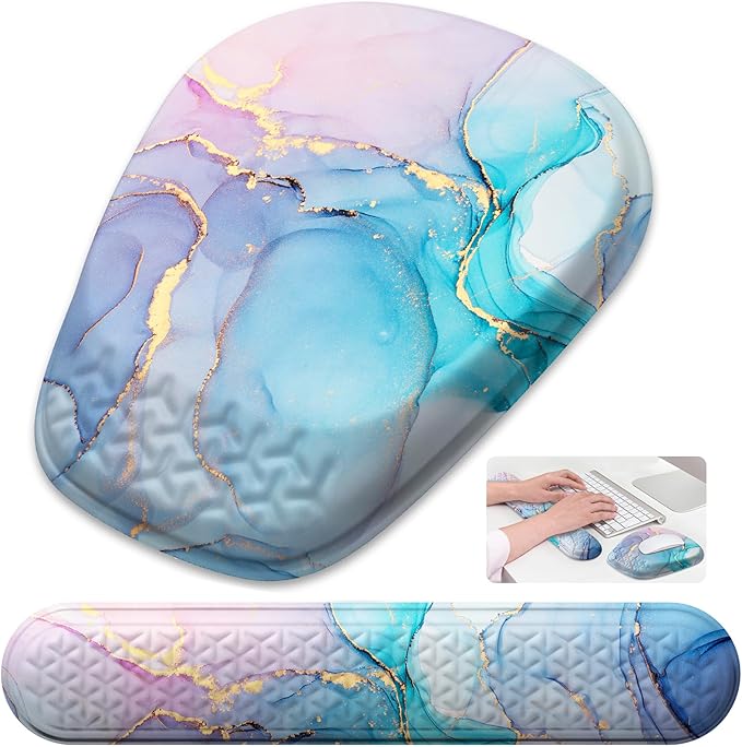 Mouse Pad with Wrist Rest, Comfortable Memory Foam Wrist Rest for Computer Keyboard, Ergonomic Mouse Pad Set for Easy Typing & Pain Relief - Blue Pink