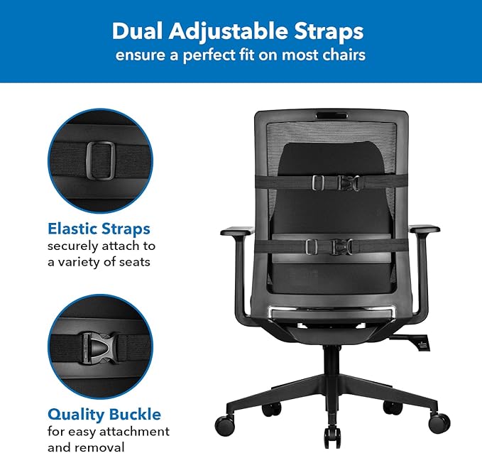 Mount-It! Office Chair Cushion, Lumbar Support Pillow for Office Chair, Back Support Pillow for Desk Chair, Gaming, Home or Car with Memory Foam Filling, Relief Back Pain Improve Posture, Black Large