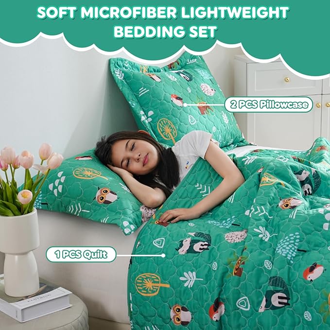 Green Forest Animals Quilt Set for Boys Full Size Kids Bedding Sets Lightweight Summer Bedspread Soft Microfiber Breathable Bed Comforter All-Season