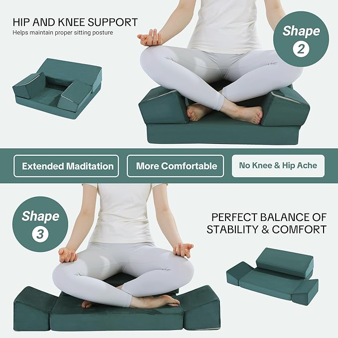 HOMBYS Large Meditation Cushion Foam Meditation Pillows for Sitting on Floor, Yoga Pillow for Adult, Meditation Mat with 2 Knee Cushions and Hip Support-3 Shapes for Different People, Green
