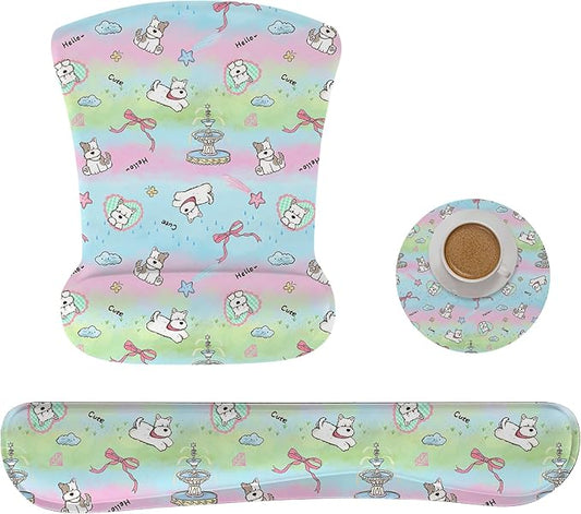 RICHEN Mouse Pad and Keyboard Wrist Rest, 3-in-1 Computer Mousepad and Coaster Set, Non-Slip Keyboard Wrist Rest and Mouse Pad Set Ergonomic Design (Dogs)