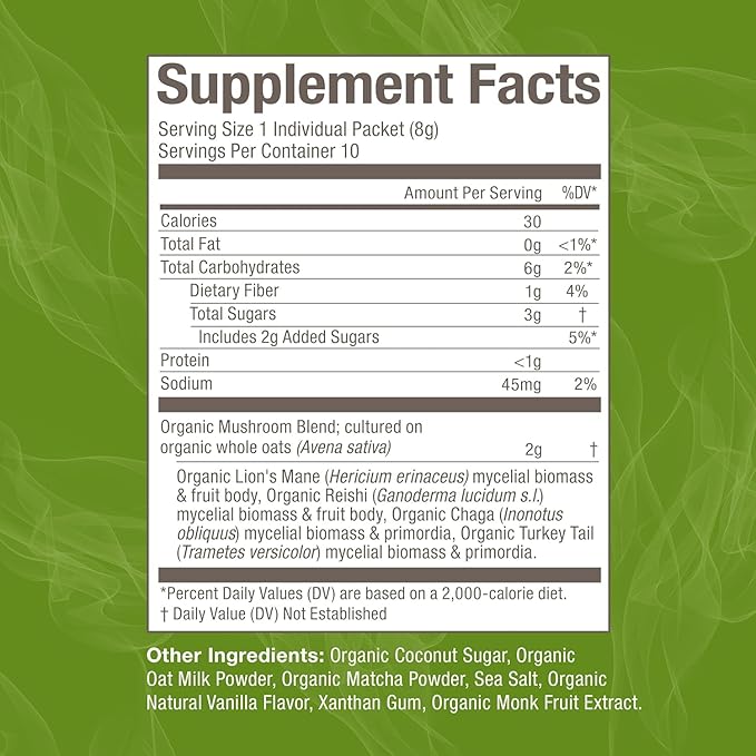 OM MUSHROOM SUPERFOOD Matcha Latte Blend Mushroom Powder, Single Serve, 10 Count, Green Tea, Lion's Mane, Reishi, Chaga, Turkey Tail, Focus & Stress Support Supplement
