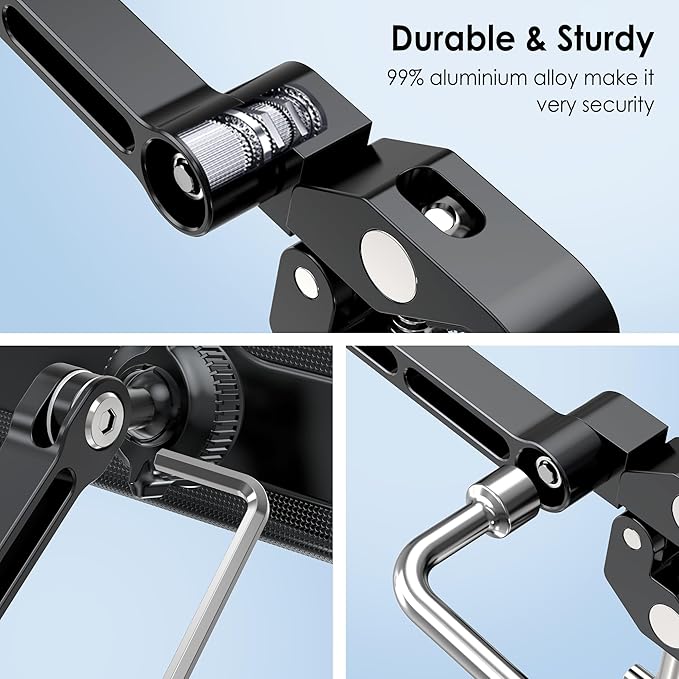 Aluminium Tablet Mount Clamp for Spin Bike, Stationary Bicycle, Treadmill, Stroller Indoor Bike, Peloton, Elliptical - Compatible with 4.7-13" Tablet, iPad Pro, Air, Mini, Galaxy Tab