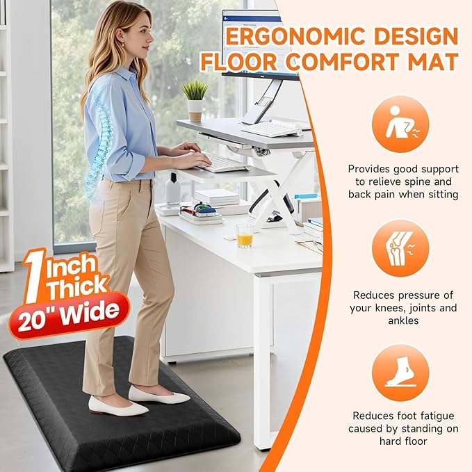 StepRite 1” Thick Kitchen Mats for Floor, Anti Fatigue Kitchen Rugs, Non-Slip,Heavy Duty Waterproof Kitchen Rug, Standing Desk Mat for Home, Kitchen, Office, (Black)