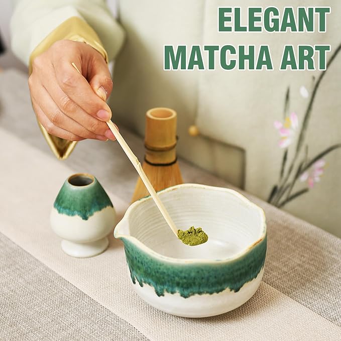 Pottery Matcha Set - Japanese Handcrafted Matcha Tea Bowl Mineral Glaze Bowl with Spout, Bamboo Whisk, Scoop & Chasen Holder | 4pc Tea Ceremony Kit for Matcha Lovers (Snowy Jade)