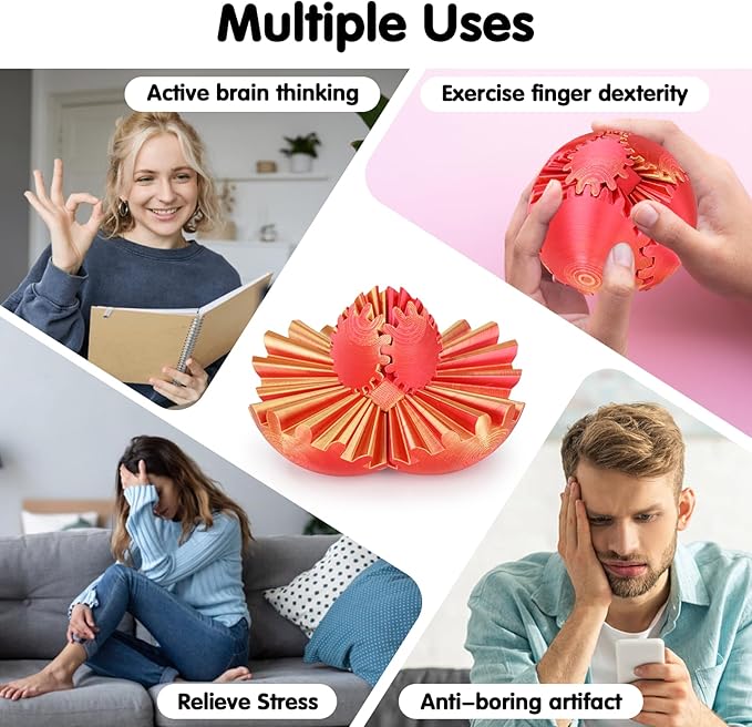 Gear Ball 3D Printed Spin Ball or Cube Fidget Toy,Gear Sphere Fidget Toy,Fidget Ball Gear Toy for Stress and Anxiety Relief, Stress Ball GearSphere Desk Toy for Adults & Kids(Golden Red, 3.1 Inch)
