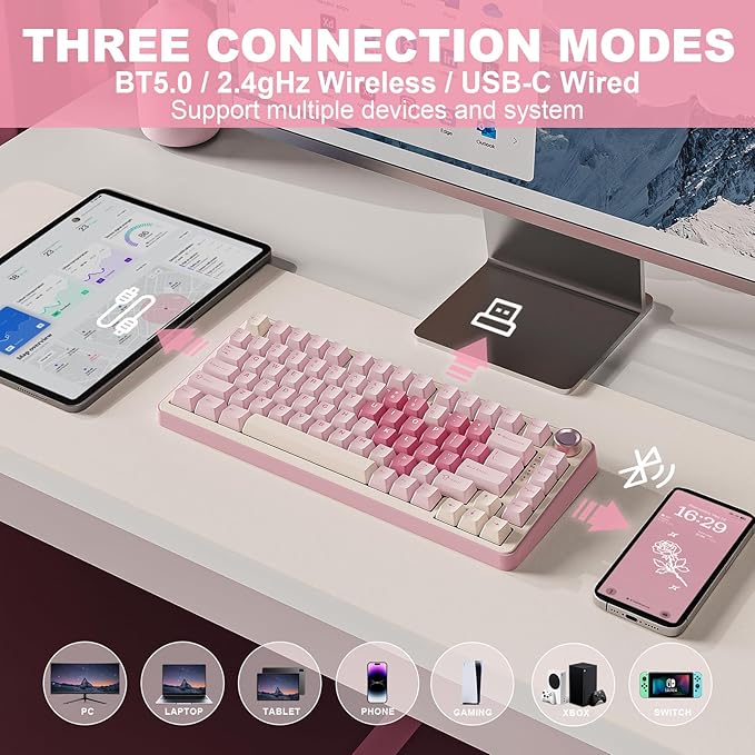 YUNZII B75 PRO Wireless Mechanical Keyboard,75% Layout with Knob,Hot Swap Gasket Custom Structure,Creamy Pre-lubed Switches,RGB Backlit,Bluetooth/Type-C/2.4G for Win/Mac(Milk Switch,Pink)