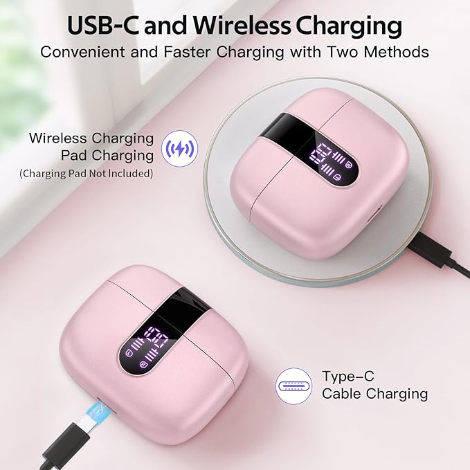 TAGRY 2 Sets X08 Pink and Forest Green Bluetooth Headphones True Wireless Earbuds 60H Playback Ear Buds with Wireless Charging Case in-Ear Earbuds with Mic