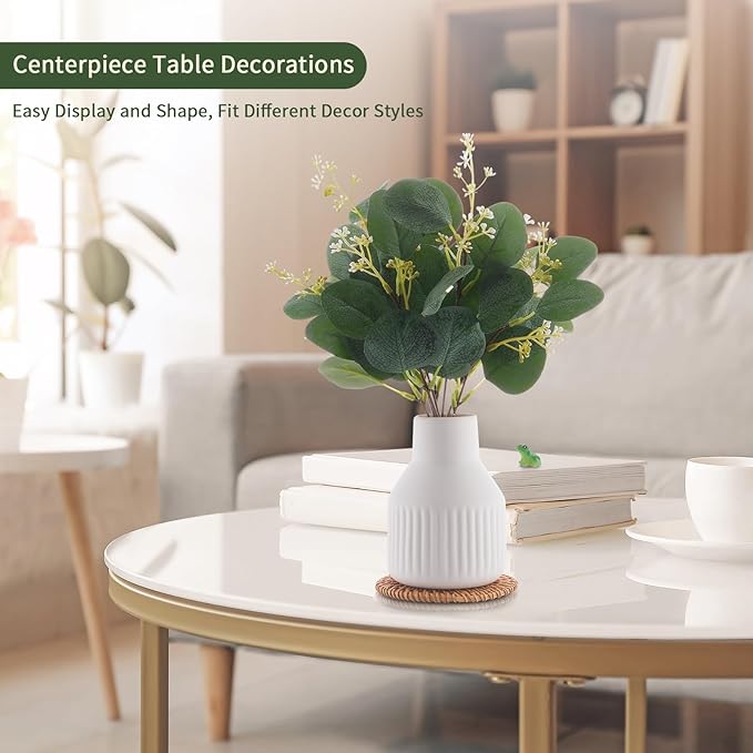 Artificial Eucalyptus Greenery Stems in Ceramic Vase,10Pcs Fake Plants Eucalyptus Leaves faux Plants for Centerpiece Table Decorations Home Room Decor office desk decor Greenery Decor indoor (White)