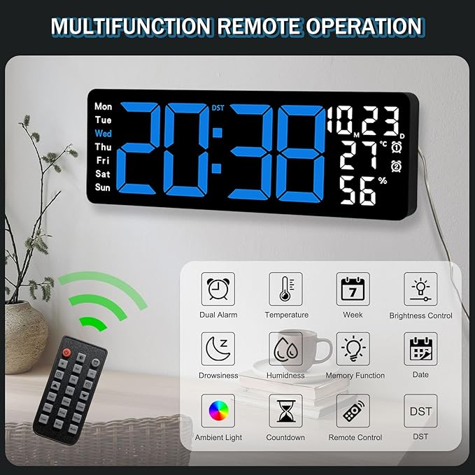 JoFomp 17.3" Large Digital Wall Clock, LED Digital Clock Large Display with Remote Control, Alarm Clock with Temp/DST/Dimmer/Humidity/Timer/Ambient Light - 12/24H, Alarm Wall Clock for Bedroom