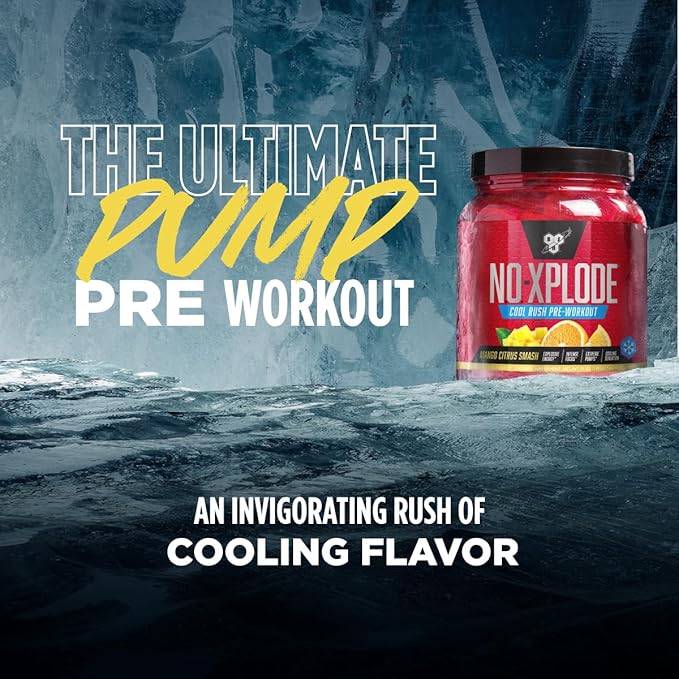 BSN N.O.-XPLODE Cool Rush Pre Workout Powder, Preworkout Energy Supplement for Men and Women with Creatine and Beta-Alanine, New Flavor: Mango Citrus Smash, 30 Servings