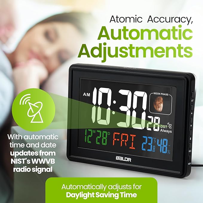 BALDR Atomic Clocks for Bedrooms Digital Large Display - Black - Desk Clock with Temperature Indoor and Humidity, Night Stand Clock, Moon Phase Clock, Alarm Clocks for Living Room, Digital Clock Wall