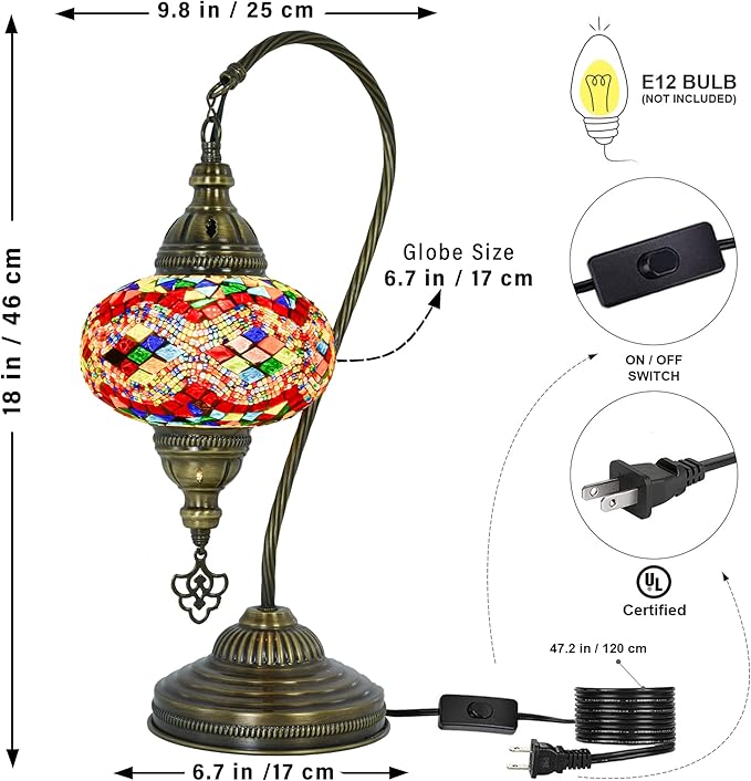 mozaist Turkish Mosaic Gooseneck Bedside Table Lamp, Handmade Boho Colorful Nightstand for Bedroom Corner, Moroccan Vintage Rustic Home Decor Desk Light with E12 Socket & US Plug (Anatolian Rug)