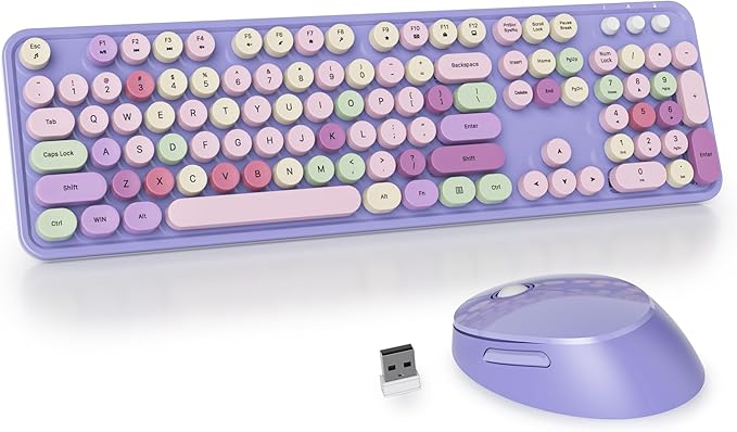 GTSP Typewriter Colorful Purple Keyboard and Mouse Wireless, 2.4GHz Full-Size Retro Cute Office Computer Keyboard with Round Keycaps for Desktop Laptop and PC (Colorful Purple)