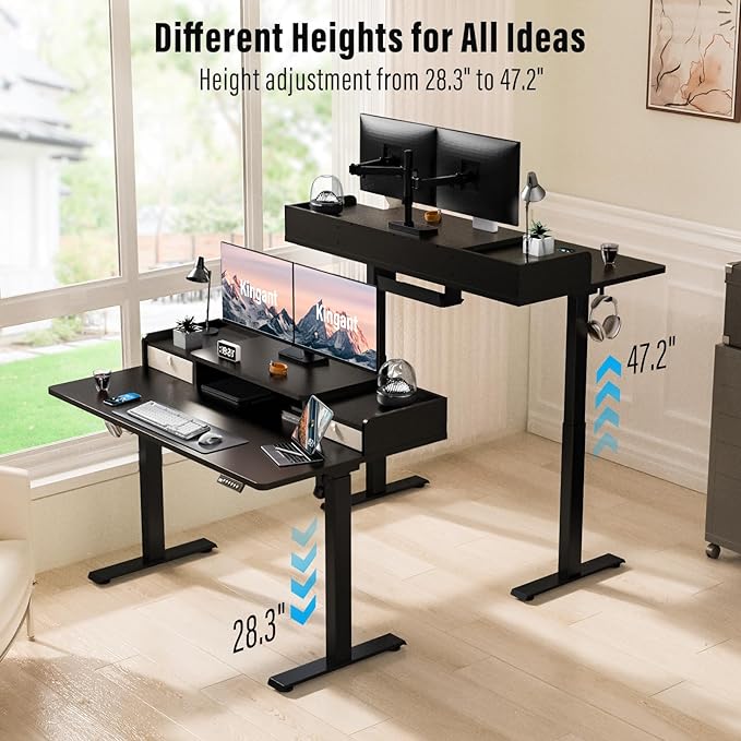 Kingant 63" x 30" Standing Desk with Drawers, Large Desktop, Ergonomic Sit Stand Desk for Home Office Work, Cable Management, 3 Preset Heights & 2 Hooks, Classic Black