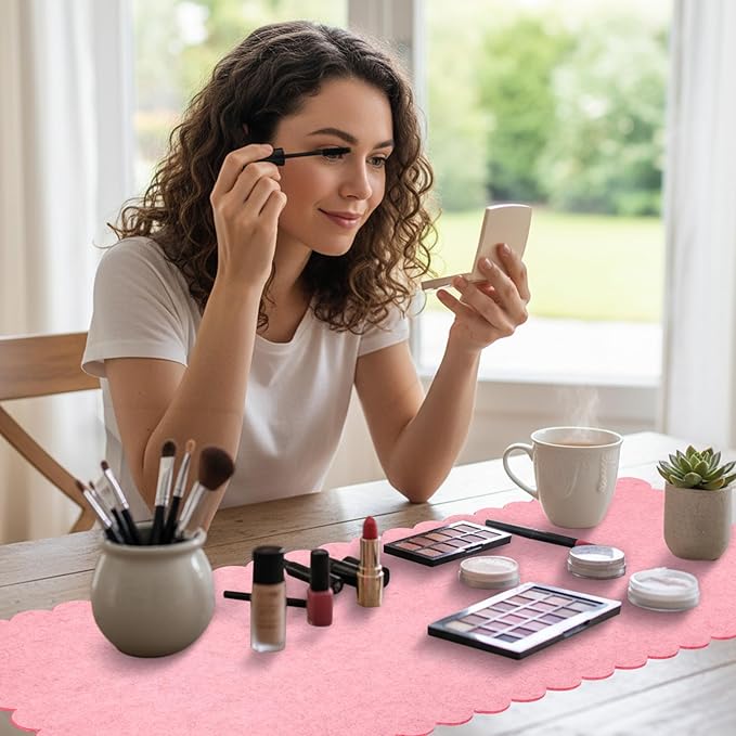 Large Felt Desk Mat with Scalloped Edges for Keyboard and Mouse 35 x 16.5 Inch Non Slip Scalloped Computer Desk Pad(Pink)