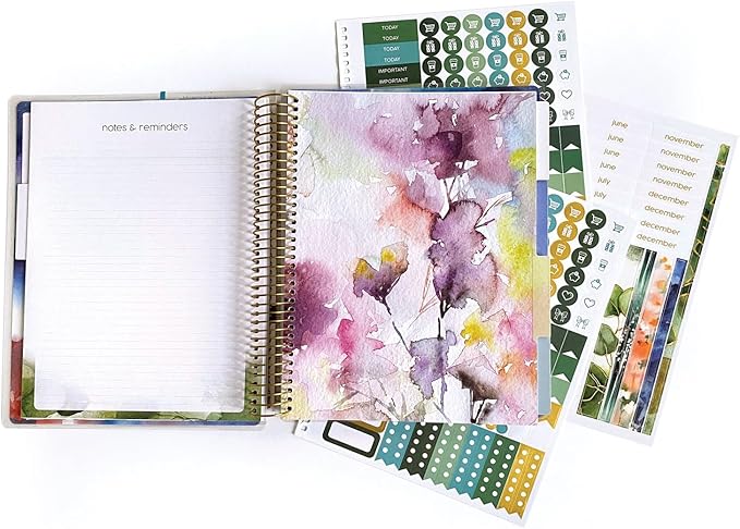 Paper House Productions 12 Month Undated 9.5" Planner with Month and Event Flag Stickers - Watercolor Flora