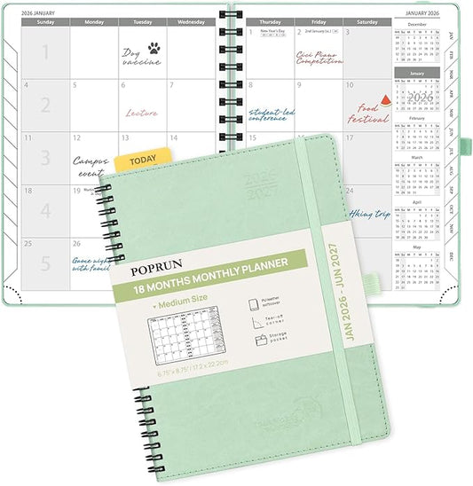 POPRUN Monthly Planner 2026-2027 (Medium 6.5" x 8.5") 18 Months Calendar (Jan 2026 - Jun 2027) - 4 Pages per Month with Expense & Notes, Stair-like tabs, Leather Cover, Sunday Starts - Green