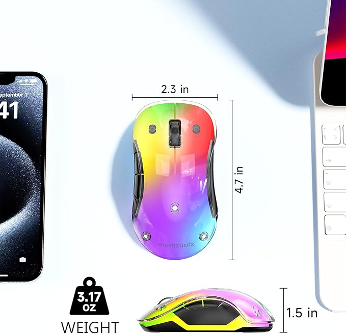 memzuoix 2.4G Wireless Mouse with Customizable Cover & 9-Color LED - Rechargeable Ergonomic, 1200 DPI, 5 Buttons, USB Receiver for PC/Mac - White