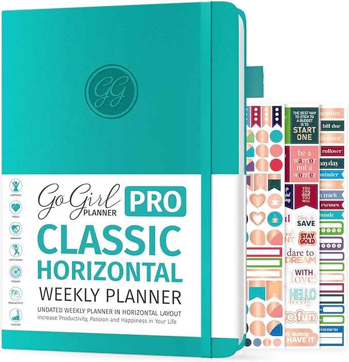 GoGirl Planner PRO - Undated Horizontal Layout Weekly Planner and Organizer + Budgeting and Expense Tracking Pages, Goals Journal & Agenda, 7" x 10" Hardcover, Lasts 1 Year - Turquoise