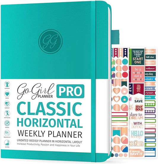 GoGirl Planner PRO - Undated Horizontal Layout Weekly Planner and Organizer + Budgeting and Expense Tracking Pages, Goals Journal & Agenda, 7" x 10" Hardcover, Lasts 1 Year - Turquoise