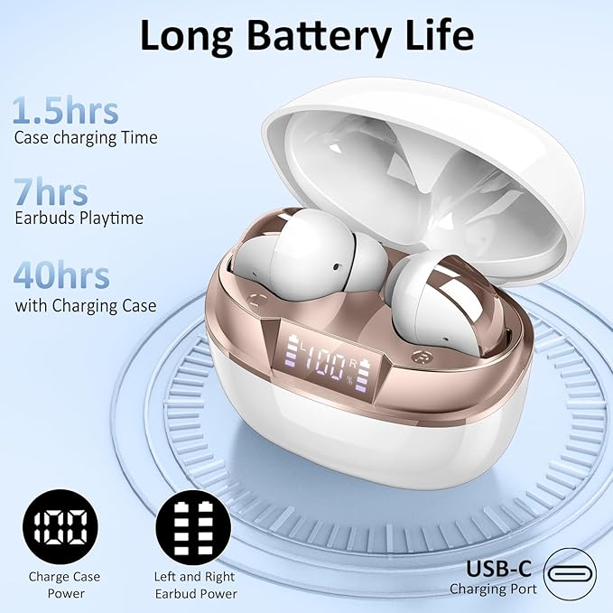 Wireless Earbuds, Bluetooth 5.4 Headphones in Ear, Mini Bluetooth Earbuds HiFi Stereo Deep Bass with 4 ENC Noise Cancelling Mic, Wireless Ear Buds 47H Long Playtime LED IP7 Waterproof USB-C(White)