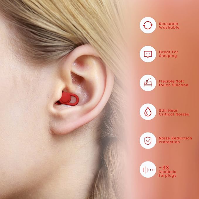 Silicone Ear Plugs for Noise Reduction - Reusable Soft Comfortable Earplugs for Sleeping,Noise Sensitivity & Flights -16 Ear Tips in XS/S/M/L, with 2 Travel Boxes - 33dB Noise Cancelling (Red)
