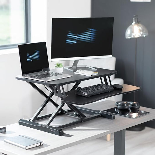 VIVO 28 inch Desk Converter, K Series, Height Adjustable Sit to Stand Riser, Dual Monitor and Laptop Workstation with Keyboard Tray, Black, DESK-V028KB